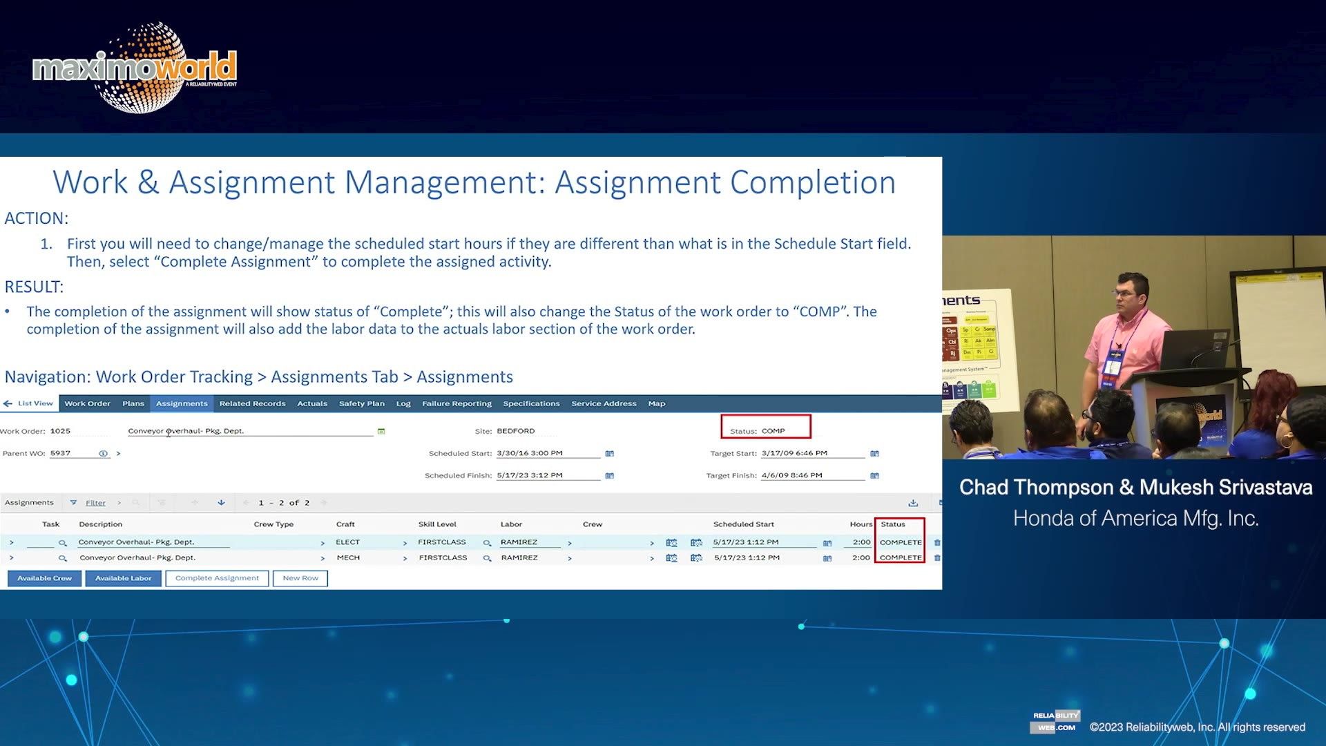 Managing Maintenance Associates Labor in Assignment Manager – WO Status Change & Labor Assignment Manager