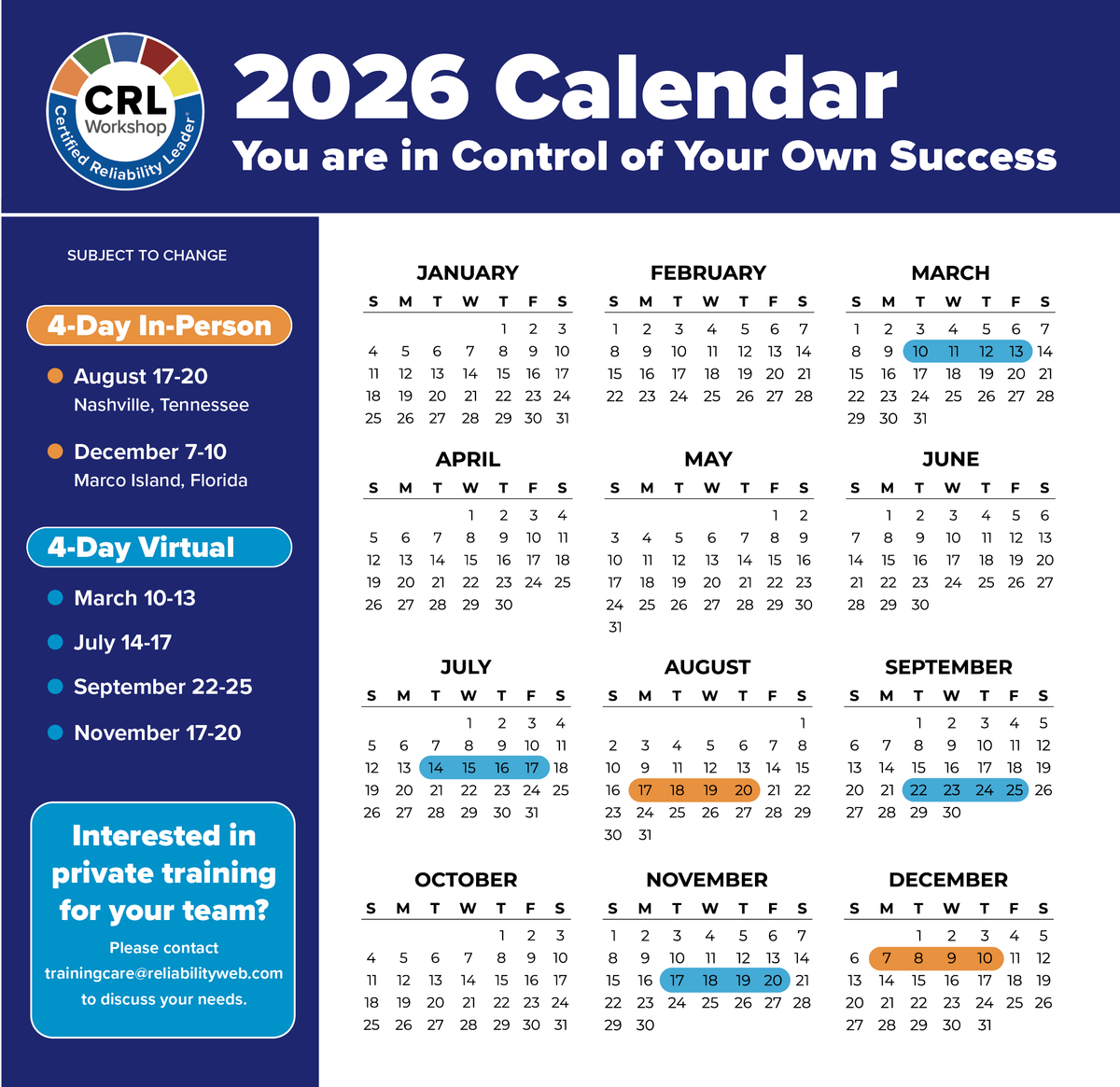 Certified Reliability Leadership Workshop 2026 Training Calendar