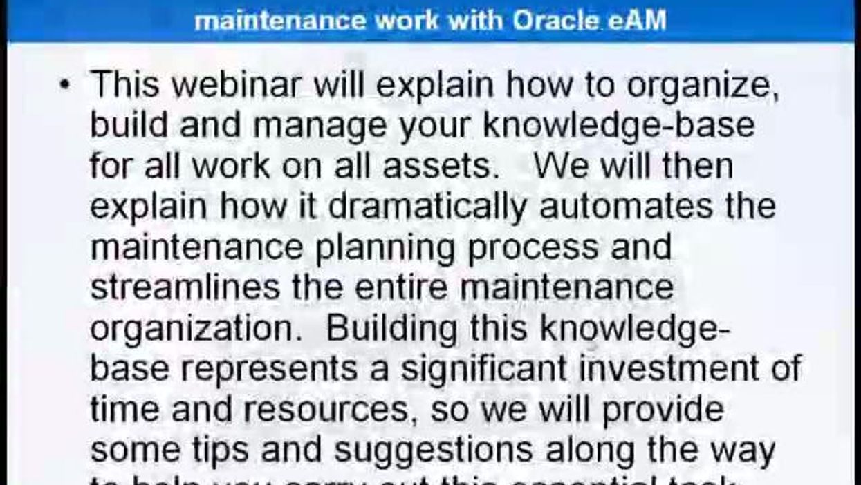 Standardizing and streamlining your maintenance work with Oracle eAM