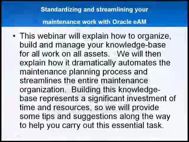 Standardizing and streamlining your maintenance work with Oracle eAM
