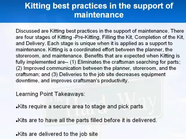 Kitting best practices in the support of maintenance