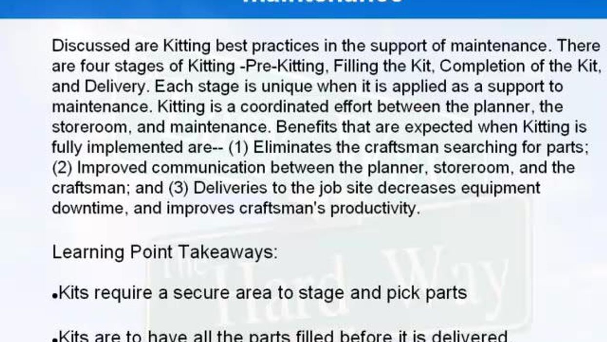 Kitting best practices in the support of maintenance