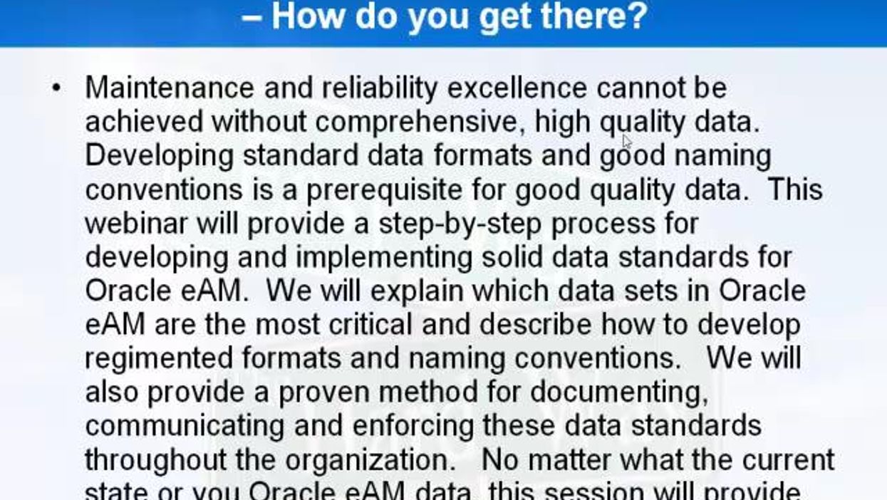 Standardizing maintenance and reliability data - How do you get there?