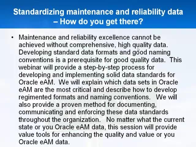 Standardizing maintenance and reliability data - How do you get there?